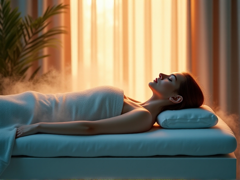 A serene image of a person lying on a therapy table, surrounded by a mix of cold and warm light. The therapist is applying a combination of cryotherapy and heat therapy, with steam and ice visible. The setting is calming, with soft colors and a peaceful atmosphere, reflecting the therapeutic benefits of the treatment.