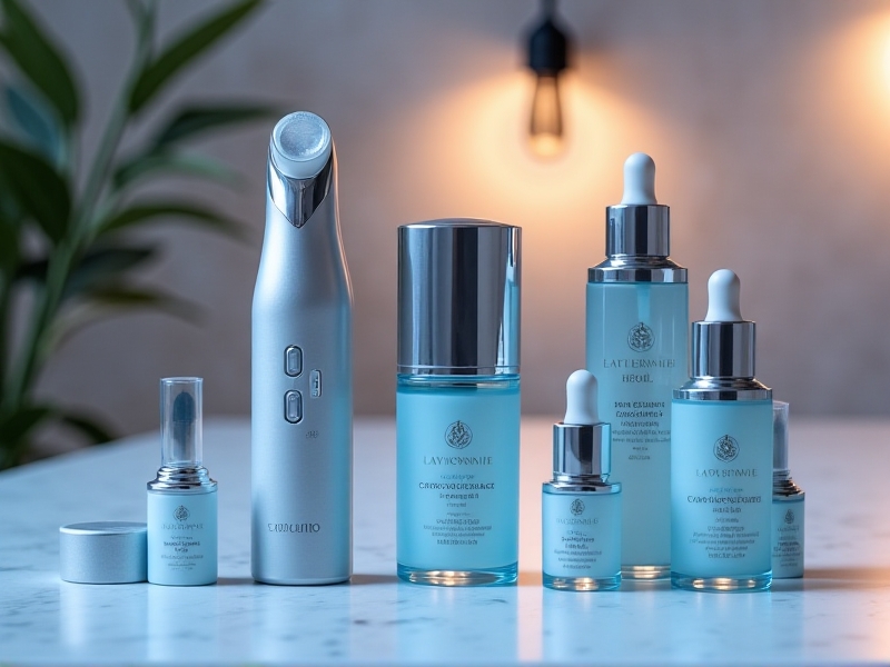 A neatly arranged collection of cryo facial tools, including a cryo wand, facial mist, and serum bottles. The image is set on a marble countertop with soft lighting, emphasizing the sleek design and professional quality of the tools.