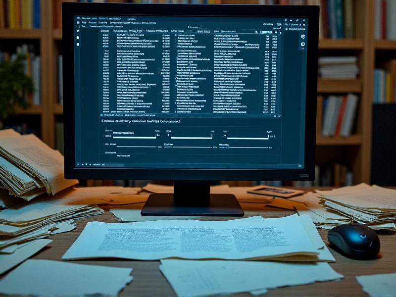 A computer screen displaying OCR preprocessing software with sliders for adjusting brightness, contrast, and noise reduction. The workspace is cluttered with papers and a scanner, emphasizing the technical nature of the task.
