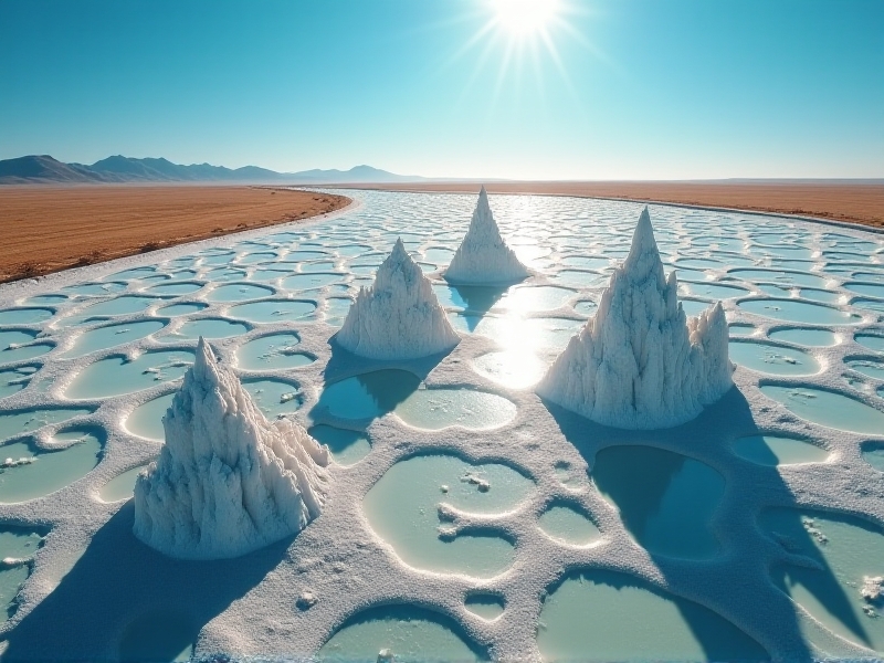 An aerial view of a large evaporation pond with crystallized salt formations, surrounded by arid desert landscape under a bright blue sky, showcasing the scale of traditional disposal methods.