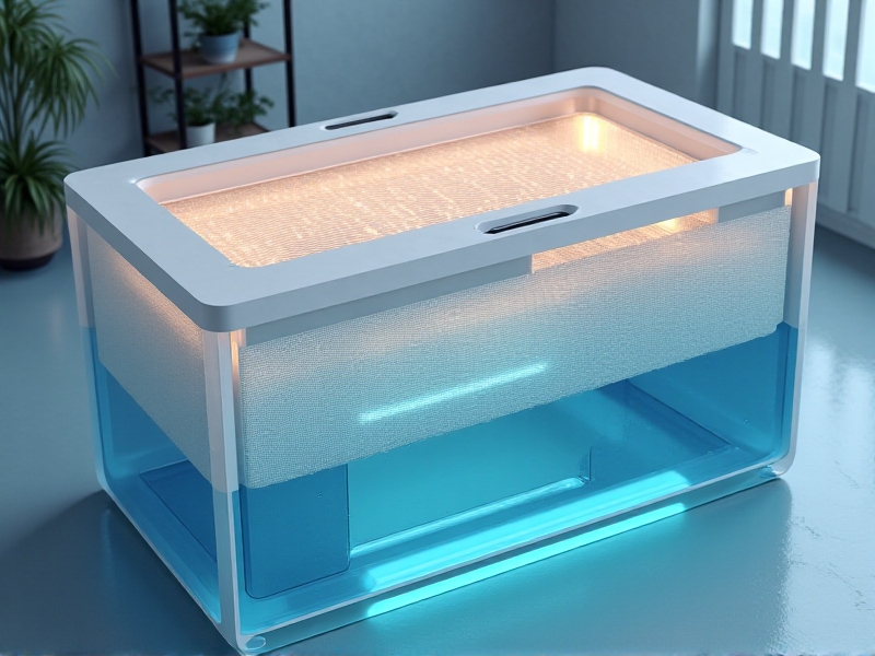 A cross-sectional view of an EEG-compatible float tank, showcasing its advanced design and technology. The image highlights the waterproof and non-conductive materials, embedded EEG sensors, and adjustable lighting and temperature controls.